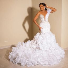 2024 Luxe Mermaid Wedding Jurk voor bruid bruidsjurken Illusie Tassel Rhinestones kralen parels kristallen gegolfde trouwjurken voor zwarte vrouwen huwelijk D240