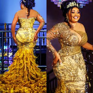 2024 Luxe plus size aso ebi prom -jurken voor speciale gelegenheden gouden gevederde kralen kanten steentjes versierde verjaardagsjurk tweede receptie jurken am991