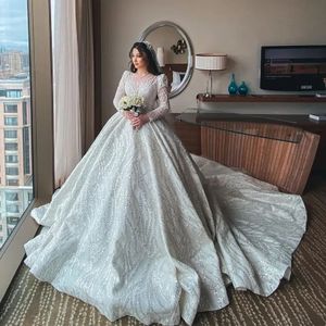 2024 Femmes luxueuses Robe de mariée Illusion Coule Longues manches perles de mariée Sequine Bride Robe Mariage Vestidos de Novia Arabe Dubaï