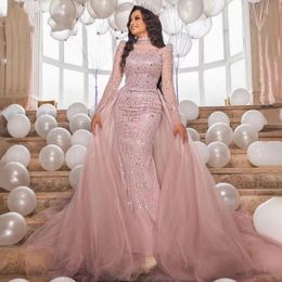 2024 Luxe Arabe Rose Musulman Bal Pageant Robe Manches Longues Col Haut Perles Paillettes Soirée Formelle Anniversaire Robes Robe De Soirée Robes De Fieast
