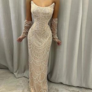 2024 Luxe Arabische prom Pageant -jurk van de schouder Lange mouwen Parels Parels kralen Pailletten Evening Formele verjaardagsjurken BC18823 0511