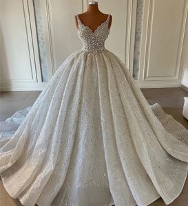 2024 Luxe Kralen Baljurk Trouwjurk V-hals Mouwloos Kristal Kralen Prinses Bruid Toga Lace Up Robe De Mariee vestidos De Noiva
