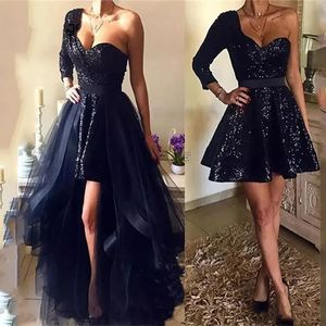 2024 Luxe Noir Paillettes Mini Bal Robe De Bal Chérie Une Épaule Détachable Train Haut Bas Formelle Robe De Fête D'anniversaire Robe De Soirée