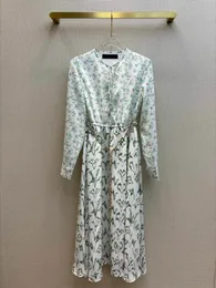 2024 Luxe designjurken Nieuwe o-neck bloem print patroon stropdas lange jurk met kettinggordel vrouwen lange mouw elegante dame modejurken