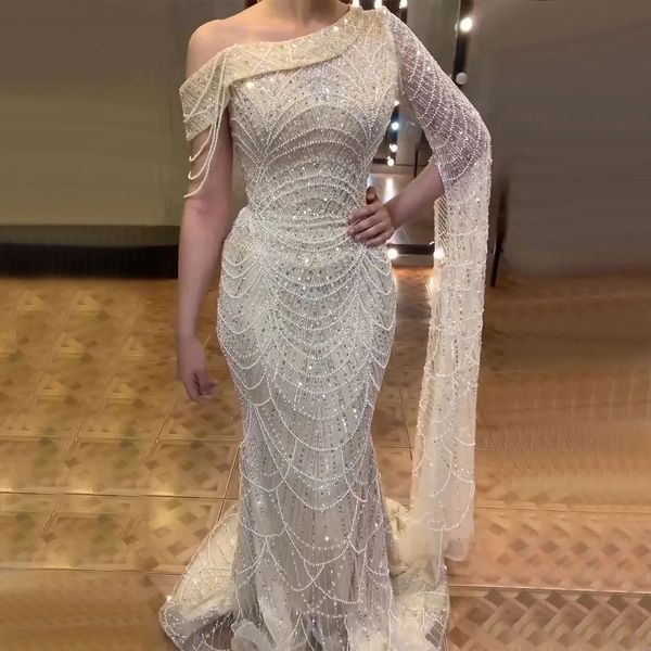 2024 Robe de soirée de luxe une épaule perles perles paillettes sirène femme bal robes formelles arabe Dubaï robes de gala robe de soirée