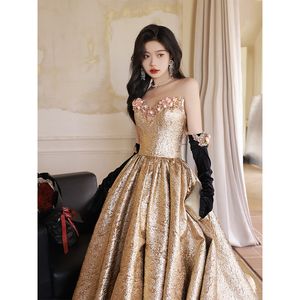 2024 Luxury Gold Mermaid Prom Robe Crystals Per perlé Soirée formelle Fête Deuxième Robe de fiançailles d'anniversaire Robe de fiançailles Bandi
