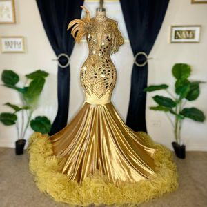 2024 Luxe gouden prom -jurken voor speciale gelegenheden beleggen avondjurken Rhinestones spiegel pailletten gevederde verjaardagsfeestjurk voor Afrikaans zwart meisje am654