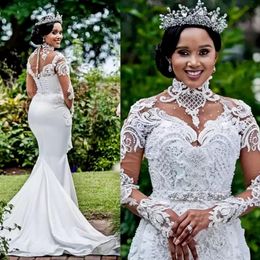 2024 Luxe Col Haut Sirène Robes De Mariée Robes De Mariée Balayage Train Dentelle Perles De Cristal Perles Plus Taille Africain Nigérian Queue De Poisson Robe De Mariee Manches Longues