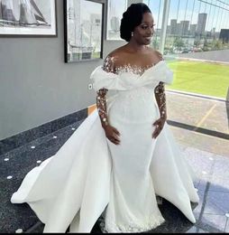 2024 Luxe Sirène Robe De Mariée Africaine Illusion Cou Hors De L'épaule Dentelle Perles Perles Manches Longues Robes De Mariée Nouveaux Robes De Novia Sur Mesure