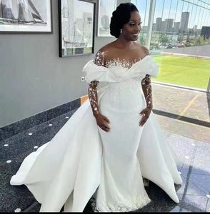 2024 Sirena de lujo vestido de novia africano ilusión cuello fuera del hombro cuentas de encaje perlas mangas largas vestidos de novia nuevos vestidos de novia por encargo