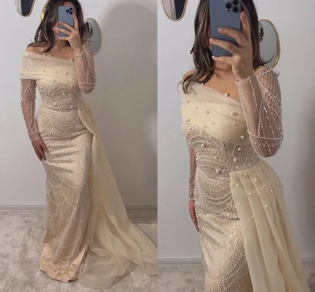 2024 Lüks Denizkızı Akşam Pageant Elbise Overkirt Sheer Boyun Boncukları Sequins Prom Resmi Elbise Ünlü Elbiseler Vestidos De Gala Robe De Soiree