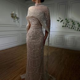 2024 Robe de bal longue sirène de luxe avec Cape Dubaï Arabie Perles nues Perles Haut de gamme Soirée Robes de soirée formelles Celebrity Wear Robe de soirée sur mesure