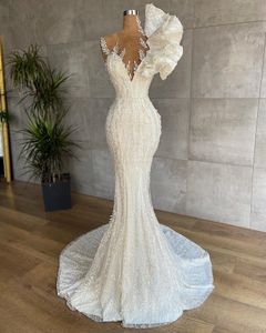 2024 Robes de mariée sirène de luxe bijou cou illusion sans manches dentelle perles de cristal 3D fleurs florales volants plus taille robes de mariée