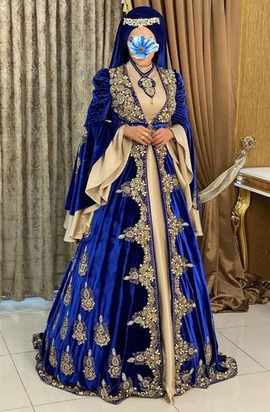 2024 Vestidos de noche de Kaftan marroquí de lujo Manga larga acampanada Azul real y champán Con cuentas de cristal Árabe Dubai Abaya Vestidos de fiesta formales de terciopelo musulmán