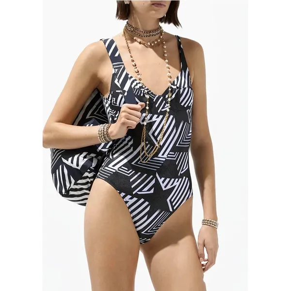 2024 Luxe nouveau noir blanc une pièce étoile impression motif maillot de bain sexy push up col en v maillot de bain femme plage dos nu Monokini maillot de bain femme