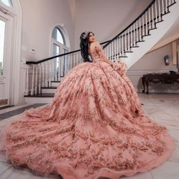 2024 Luxe roze glanzende prinses Quinceanera -jurken kralen Appliques Lace bloem party jurk tule elegent zoete vestido de 15 16 anos