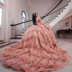 2024 luxe rose rose brillant princesse quinceanera robes perles appliques en dentelle de fleur