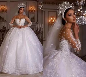 2024 Robe de mariée princesse de luxe pure manches longues dentelle appliques perles robes de mariée robes de mariée arabe Dubaï personnalisé robe de Noivas