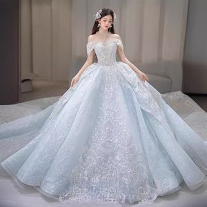 2024 Luxe prinses trouwjurken uit schouder kralen illusie bloemen mouw sprankelende kristallen rok bruid jurken sexy kanten bruidsjurken kralen bruid gewaden de marie