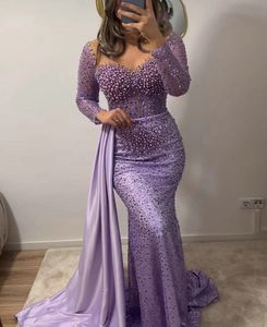 2024 Luxe Paarse Pailletten Prom Formele Jurk Zeemeermin Lange Mouwen Parels Kralen Avond Verjaardagsfeestje Jurken Robe De Soiree Vestidos De Noche