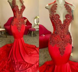 2024 Luxury Red Mermaid Prom Pageant Robe Sheer O-Cols Perles Crystal Satin Birthday Sovest Party Gowns