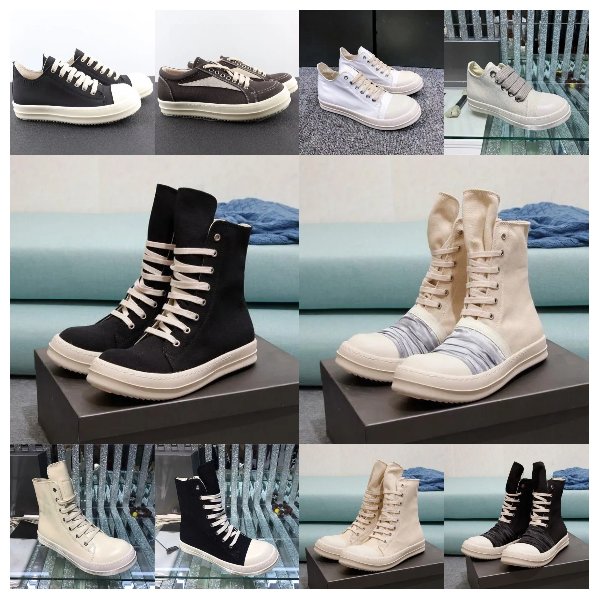 2024 Luxo Rick Owan Vintage Jumbo Lace Sneakers Baixa Designer Top Men Black White Casual Sapatos Couro Mulheres Novo Treinador