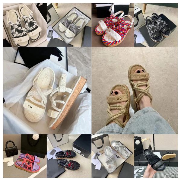 2024 Sandales de luxe Chaussures pour femmes Chanells Chanelsandals Corde tressée avec un style décontracté traditionnel Créativité simple mode Black Sandales