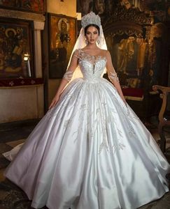 2024 Luxe Satijnen Trouwjurk Sweetheart Illusion Mouwen Kralen Lace Up Saudi Arabische Prinses Bruidsjurken Vestidos De Novias