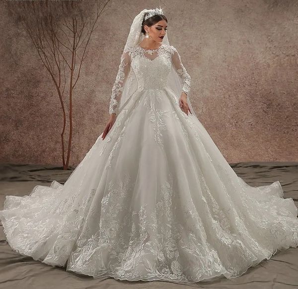 2024 Vestido de novia de lujo para novias Joya Mangas largas Perlas Rebordear Vestidos de novia de encaje de flores 3D Árabe Dubai Vestidos de Novia por encargo