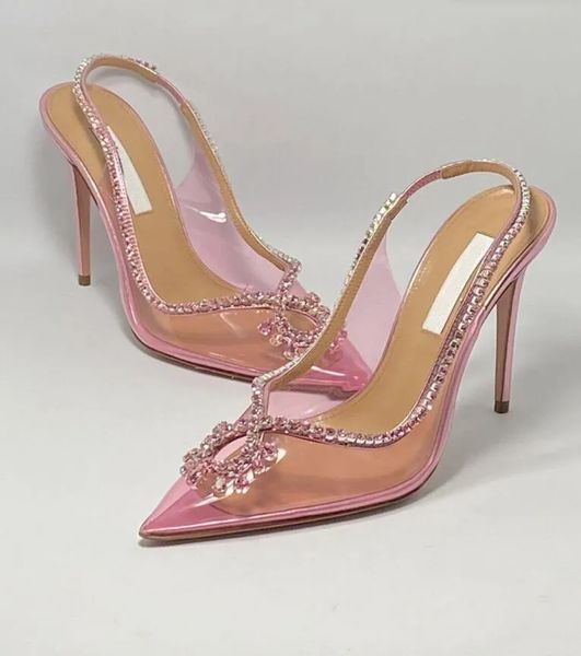 2024 Femmes de luxe Talons Aquazzura Séduction Sandales Escarpins en cuir ornés de cristaux Garnitures PVC Rose Pompes Robe De Mariée Mariage Dame Sling Back Talons Hauts 35-43