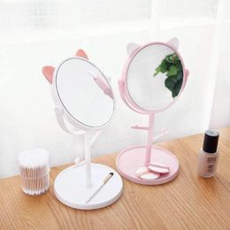 2024 Base de encimera de la mesa del espejo de maquillaje para el baño para el baño del espejo del espejo del espejo del gato rosa liso para el maquillaje