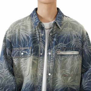 Veste en jean pour hommes, ample et décontractée, imprimé feuilles Fi, Streetwear, Hip Hop, Vintage, manteau en jean, 67 pièces, printemps automne, 2024