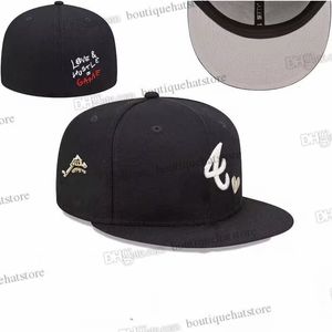 2024 Béisbol para hombres Sombreros ajustados Clásico Color negro Hip Hop Atlanta Deporte Diseño cerrado completo Gorras Chapeau 1995 Stitch Heart todo el equipo Serie Love Hustle Flowers Ma16-01