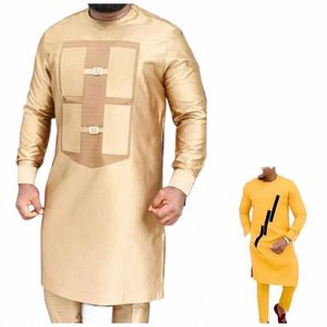 2024 Hommes élégants Lg manches costume chemise pantalon 2 pièces col rond couture couleur unie fête lg manches style ethnique africain b7GO #