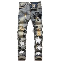 2024 Jeans masculin Jeans européen Jean Hombre Letter Star Star Men Embroderie Patchwork Ripped for Trend Brand Motorcycle Pant Mens Skinny