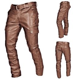 Pantalon de moto en cuir pour hommes, avec poches cargo, noir, sans ceinture, grande taille, 2024, 231225