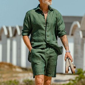 2024 heren linnen zomer revers revers lange mouwen groene shirt shorts tweedelig casual set