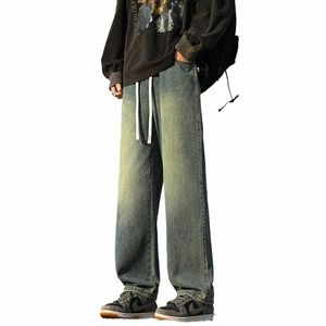 2024 Hommes New High Street Style américain Baggy Jeans Polyvalent Pantalon à jambes larges Rétro Denim Printemps Couleur unie W u4kC #