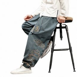 2024 Pantalon de jambe surdimensionné pour hommes Harajuku Cott Lin Pantalon décontracté Homme Broderie Nouveaux hommes Jogging Pantalon de survêtement Streetwear P9cB #