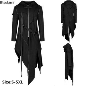 2024 Gabardinas irregulares de estilo punk para hombre, chaquetas largas góticas negras con capucha, disfraz de Halloween para hombre, disfraz de Cosplay de gran tamaño S-5XL 240119