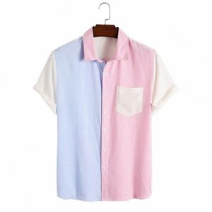 2024 Chemises d'été Colorblock pour hommes Chemise à manches courtes Fi Casual Cardigan à revers Lâche Tops confortables pour hommes Chemises de plage J6oO #