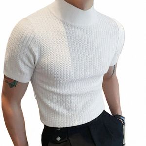 2024 Hommes d'été à manches courtes T-shirt côtelé Solide Demi-col roulé Slim Tee Tops Mâle Casual Basic Tshirt Pull Chemises Hommes Q3NL #