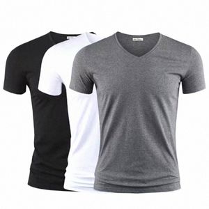 2024 Mannen T-shirt Pure Kleur V Kraag Korte Mouwen Tops Tees Mannen T-shirt Zwarte Panty Man T-shirts fitn Voor Mannelijke Kleding 09Cu #