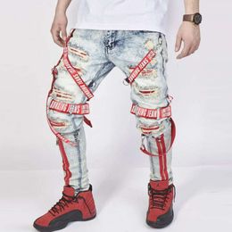 2024 Jeans tejidos de parche de moda para hombres con agujeros, cremallera de piernas pequeñas, ropa de hombre delgada M515 65