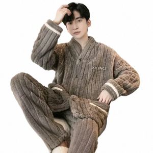 2024 Mannen Warme Pyjama Sets Herfst Winter Dikke 2 Delige Set Flanel Nachtkleding Losse Lg Mouw Effen Homewear thuis Kleding Sets u90n #