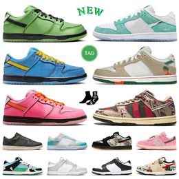 2024 Hommes Femmes Chaussures Baskets Plates Lows Powerpuff Girls Panda Freddy Krueger Triple Rose Avril Bulles Fleur Diffusée Taupe Jarritos Wolf Gris Entraîneurs Occasionnels GAI