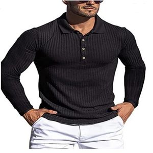 2024 Hommes Casual Solide Polo à manches longues à rayures Printemps et Automne Bouton de revers T-shirt Top Golf Hommes Street Wear S-3XL 240313