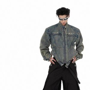 2024 Veste en jean pour hommes avec fermeture à glissière en métal Design Distred Wed Veste en jean courte Vintage Tendance Épissée Vêtements d'extérieur pour hommes Nouveau N0NQ #