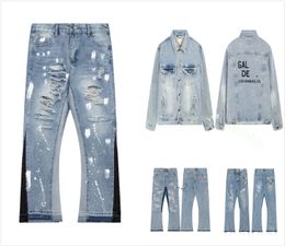 2024 Jeans pour hommes Designe Jeans Jeans empilés Splash of Ink Gaffiti High Steet Stetch Fabic Splash Ink High Steet Luxuy Bike Tend Staight Hole Hipste