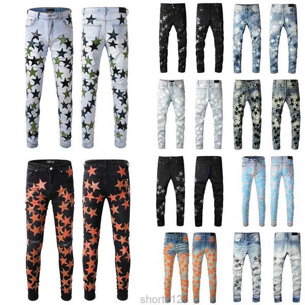 2024 Jeans pour hommes pour les gars Rip Slim Fit Skinny Man Pantalon Orange Star Patchs Portant Biker Denim Stretch Cult Stretch Moto Tendance Longue Droite Hip Hop Avec H